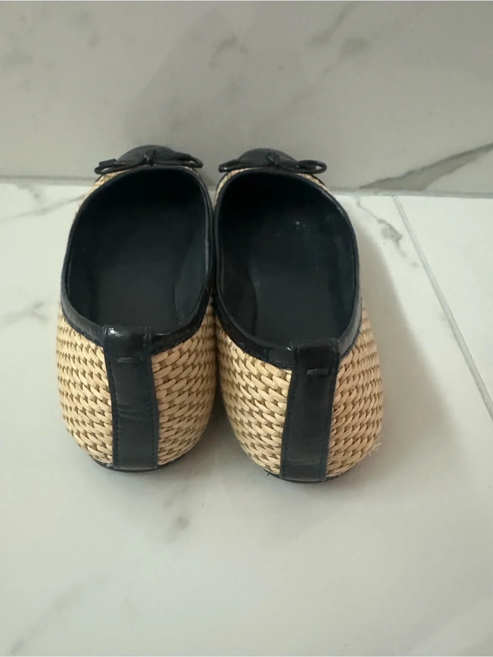 Tory Burch Black Patent & Tan Woven Ballet Flats